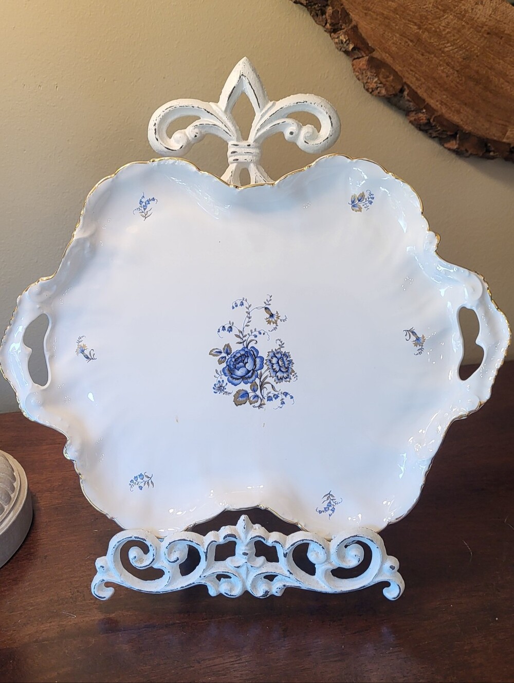 Vtg White Blue Porcelain Serving Plate Hand Painted Gold Rimmed Floral Rococo